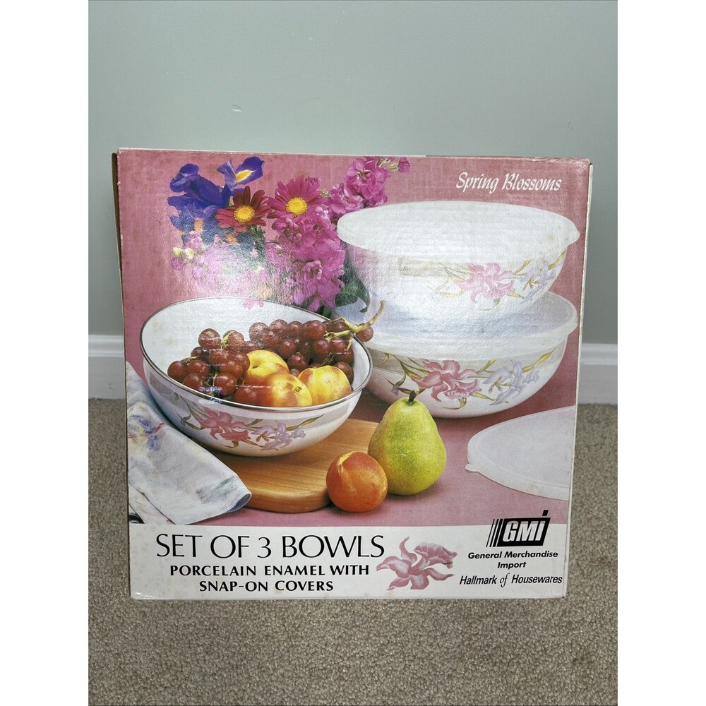 VTG GMI Enamelware Nesting Bowls Set of 3 Snap On Lids Spring Blossoms NIB Read